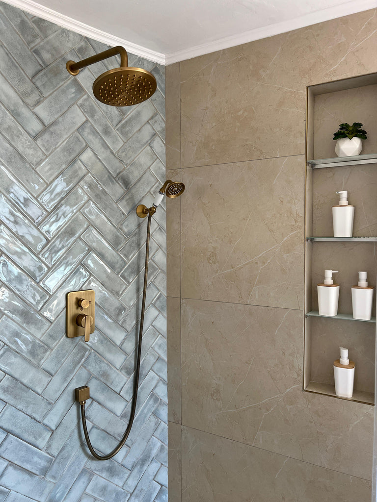 トップス Misha & Puff Antique Brass Folk Tile 3y Antique Brass Shower Unit with Ceramic Hand Shower #20161 – TIC