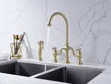 Brushed Gold Antique Bridge Kitchen Mixer with Pull Down Spray #202429