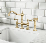 Brushed Gold Antique Bridge Kitchen Mixer with Pull Down Spray #202349