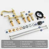 Brushed Gold Antique Bridge Kitchen Mixer with Pull Down Spray #202429