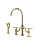 Brushed Gold Antique Bridge Kitchen Mixer with Pull Down Spray #202429