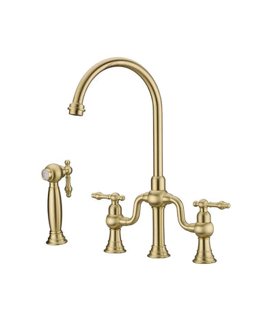 Brushed Gold Antique Bridge Kitchen Mixer with Pull Down Spray #202429