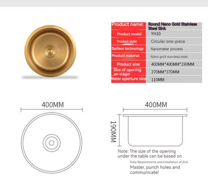 Gold Kitchen Prep Bowl Round Sink #1603