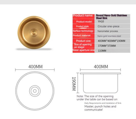 Gold Kitchen Prep Bowl Round Sink #1603