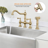 Brushed Gold Antique Bridge Kitchen Mixer with Pull Down Spray #202349