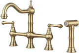 Brushed Gold Antique Bridge Kitchen Mixer with Pull Down Spray #202349