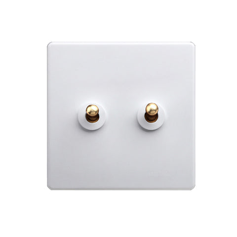 Classic White 2 Gang Brass Toggle Switch