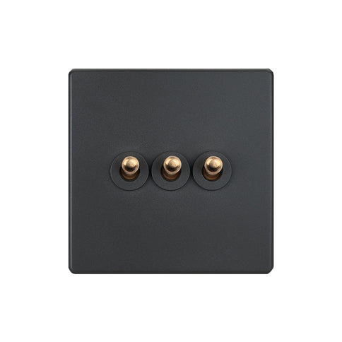 Elegant Grey 3 Gang Brass Toggle Switch