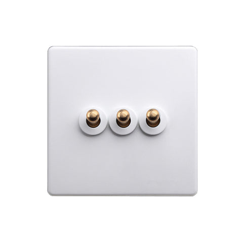 Classic White 3 Gang Brass Toggle Switch