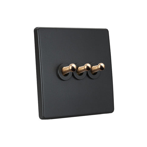 Elegant Grey 3 Gang Brass Toggle Switch